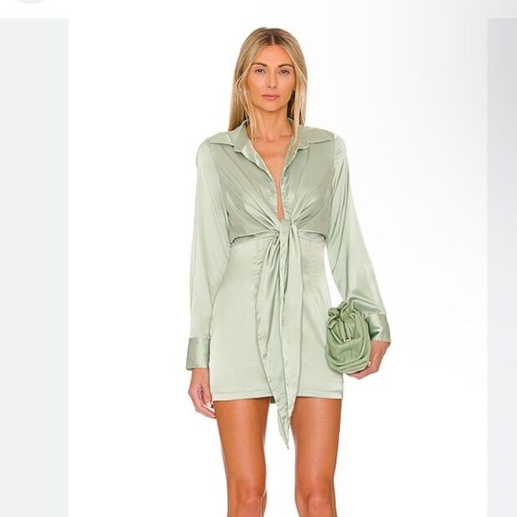 More To Come Madelyn Dress sage green satin shirt tie mini party Revolve - Picture 1 of 11